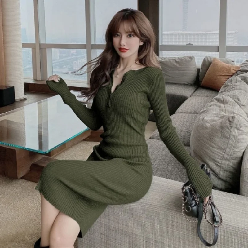 Romose Women's Sweater Dress – V-Neck, Long Sleeve, Knitted Mini Dress With Zipper, Casual & Elegant