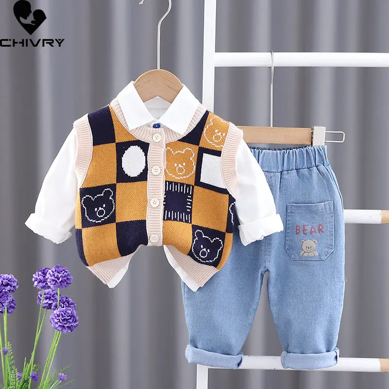 

Three-piece Boys Clothing Sets New 2023 Kids Baby Spring Cartoon Bear Knit Vest Solid Shirts with Denim Pants Casual Clothes