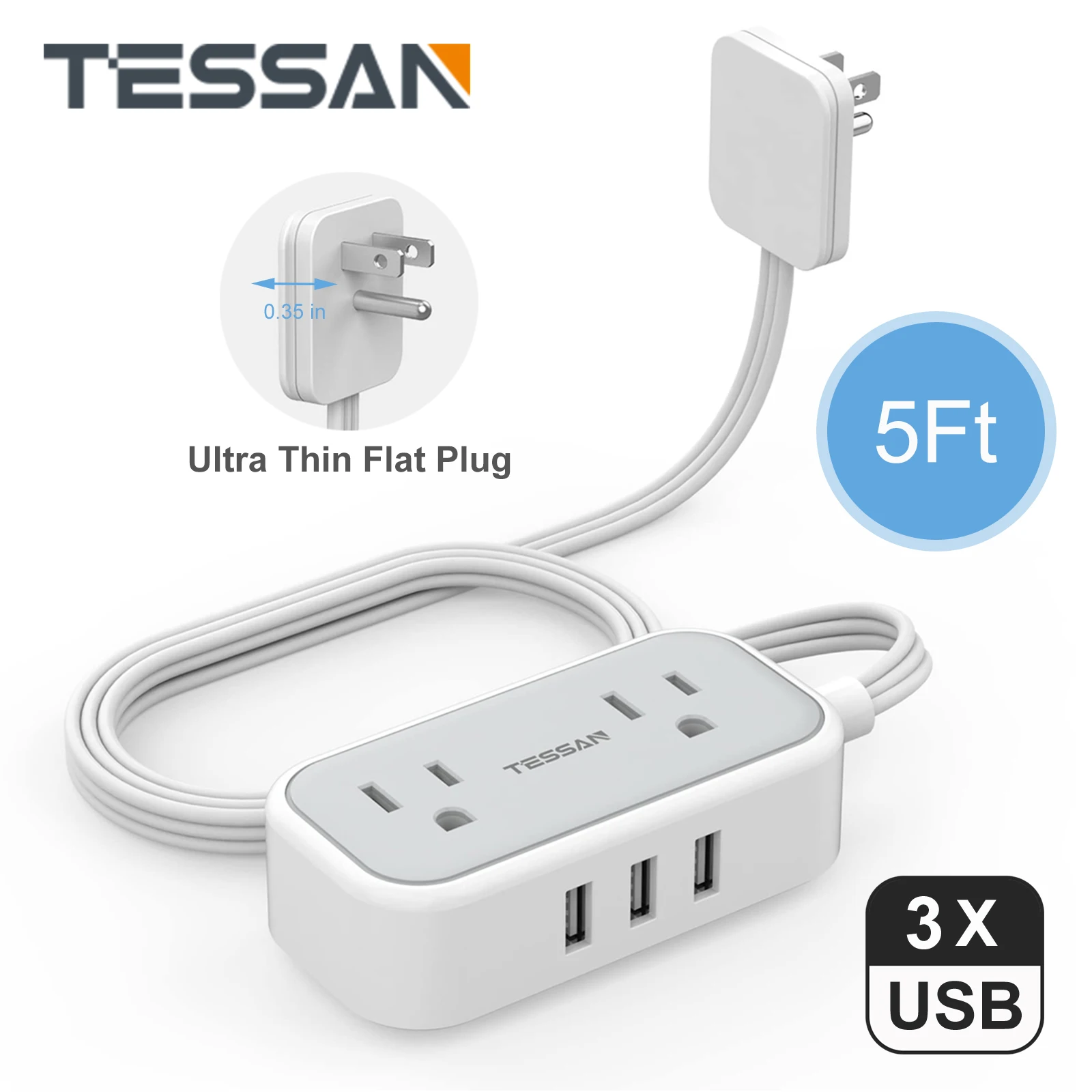 

TESSAN Ultra Thin Flat Plug Power Strip with 2 AC Outlets & 3 USB Ports, Mini Power Strip with 1.5m/5ft Extension Cord for Home