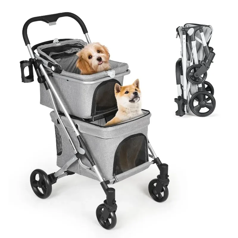T1 Double Pet Stroller for 2 Small Dogs or Cats Lightweight Foldable Double Dog Stroller with Detachable Carrier for Travel