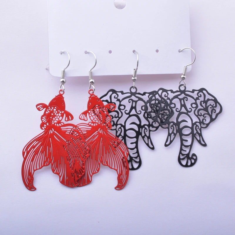 2pairs/set Koi Earrings Exaggerated Hollow Pendant Goldfish And elephant Earrings Set for Women Jewelry Fish Earrings