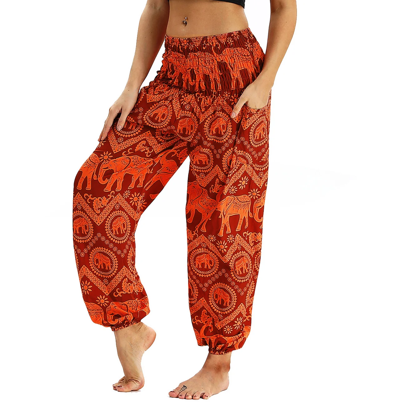 2024 Women's Boho Pants Harem Smocked Waist Yoga Loose Cozy Pants, Hippie Palazzo Summer Beach Pants