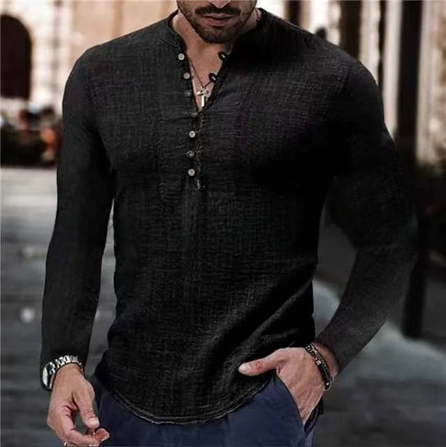 قميص رجالي كتان كاجوال بسيط برقبة على شكل حرف V صي...