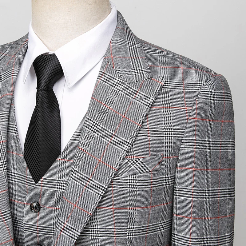 ( Blazer + Vest + Pants ) High-end Brand Gray Plaid Mens Formal Business Office Suit Three-piece Groom Wedding Dress Party Suit