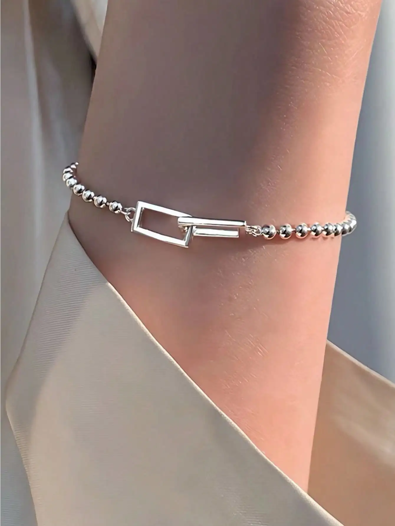 925 Sterling Silver Geometric Square Round Bead Bracelet For Women Personality Temperament Simple Hand Jewelry Party