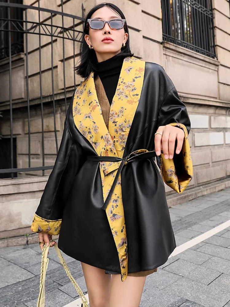 

Women's Genuine Leather Jacket with Belt 2024 Trend Cloud Yarn Print Double-sided Wear Medium Length Elegant Sheepskin Coat