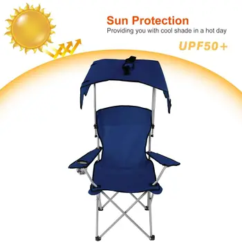 Camping Chair with Canopy, Outdoor Folding Lounge Chair with Adjustable UPF 50+ Sun Shade & Cup Holder, Portable Camping Recline 4