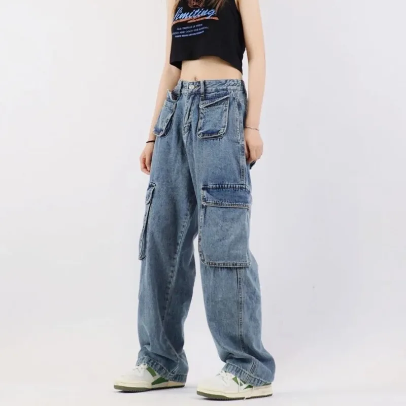 Denim Planet Personalized Workwear Pants with Multiple Pockets Jeans Women's High Street Loose Straight Leg Pants