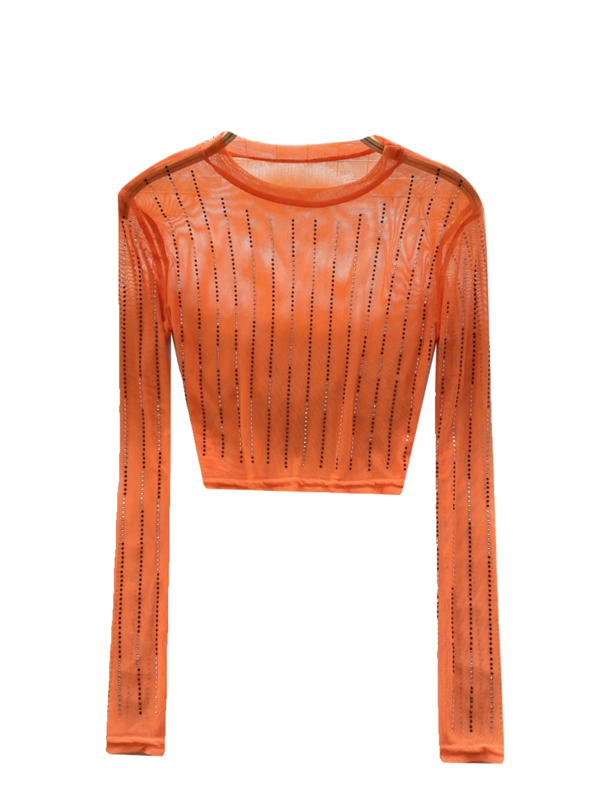 Women's Heavy-du Rhinestone Embellied Slim-fit ort Sexy See-tough Me Crop Top Pure Color Long Sve Base irt