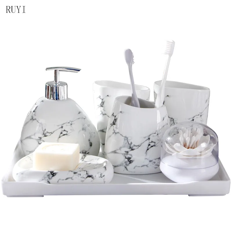 

6/7pcs Set Bathroom Accessories Set Lmitation Marble Pattern Bathroom Kit Dental Cylinder Wash Kit Melamine tray Cotton Swab Box