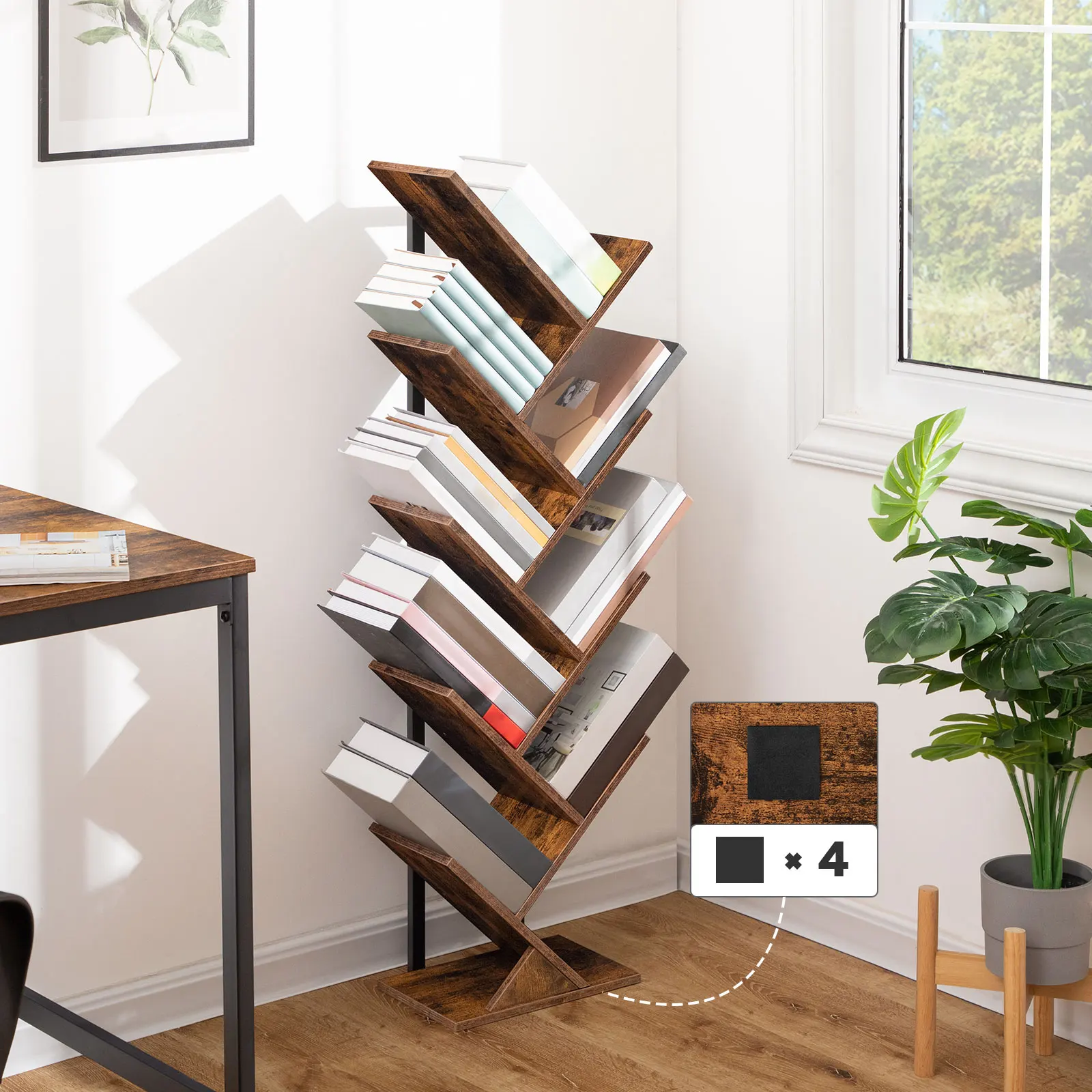 Draaibare boekenkast met meerdere niveaus in massief hout voor de woonkamer, bruine plank met prentenboek opbergplanken, boekenkasten voor stijlvolle organisatie