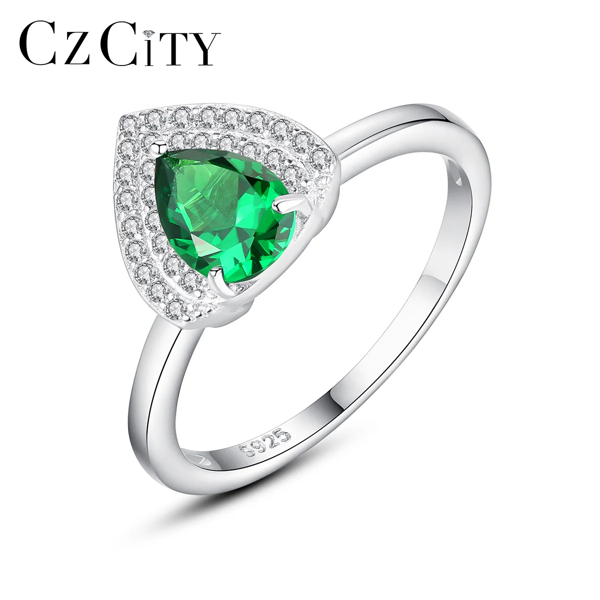 

CZCITY Exquisite Green Blue Red Gemstone 925 Sterling Sliver Rings for Women for Wedding Luxury Drop-shaped CZ Christmas Gift
