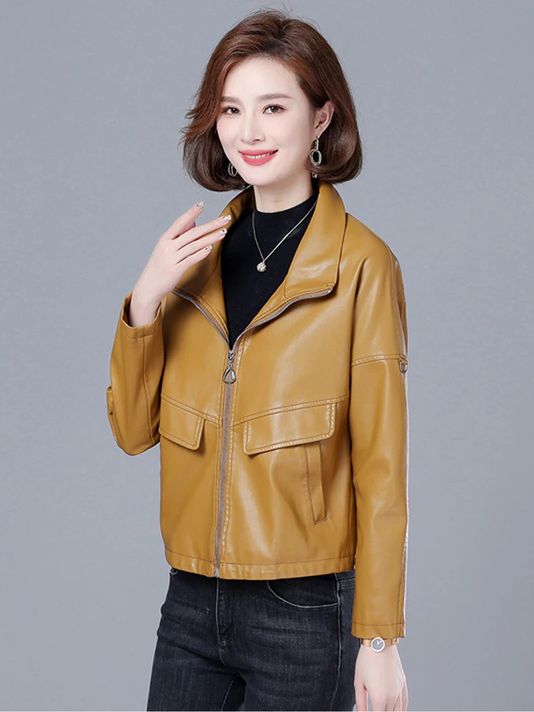 New Women Sheep Leather Jacket Spring Autumn Fashion Stand Collar Casual Loose Split Leather Outerwear Short Leather Coat