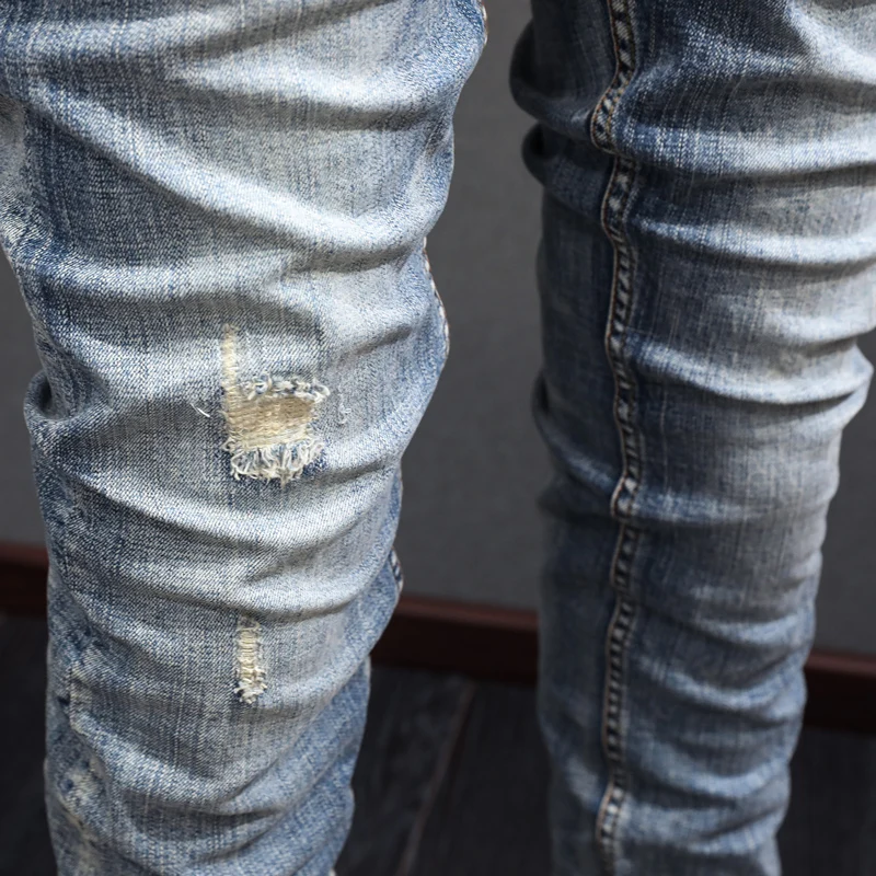 Italian Style Fashion Men Jeans High Quality Retro Blue Elastic Slim Fit Ripped Jeans Men Vintage Designer Denim Pants Hombre