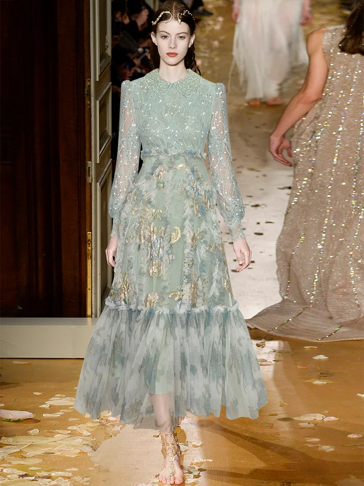 فستان طويل للسيدات لربيع وصيف مصمم على الموضة من Seasixiang مطرز بالخرز ترتر فانوس كم من الدانتيل مرقع من قماش الجاكار فستان عتيق 3 فستان طويل للسيدات لربيع وصيف مصمم على الموضة من Seasixiang مطرز بالخرز ترتر فانوس كم من الدانتيل مرقع من قماش الجاكار فستان عتيق 3