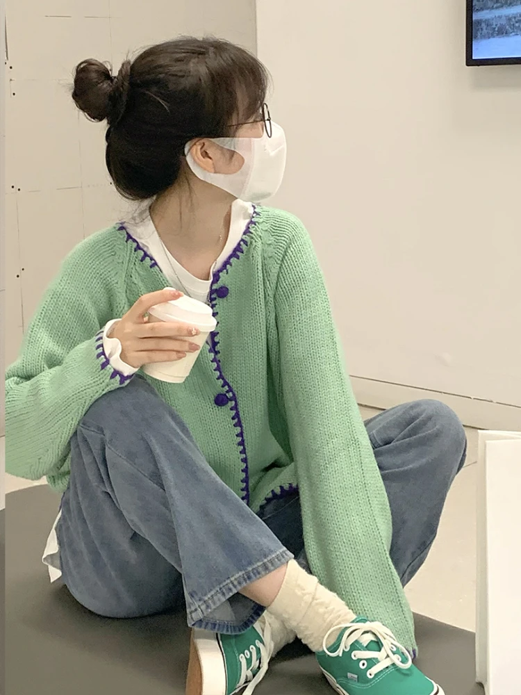 O넥 긴팔 패널 가디건, 루즈한 한국 스타일, 미니멀리스트 오피스 레이디, 데일리 용수철, 고급스러운 스타일리시 인스타 감성 패션, 가을