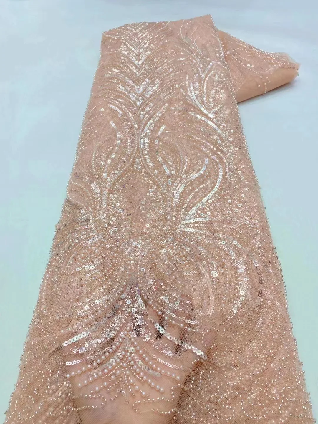 

Latest Pink French Handmade Beads Lace Fabric With Sequins For Evening Beaded African Lace Fabric Nigerian Lace Fabric KXX22235