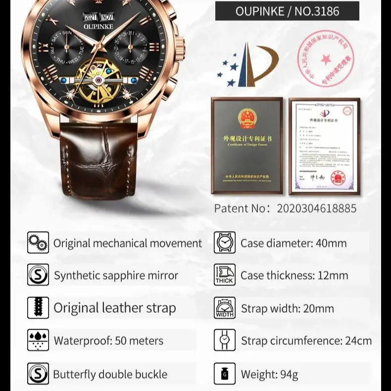 OUPINKE Flywheel Watch for Men Dual Calendar Chronograph Waterproof Leather Strap Sapphire Mirror Automatic Watch for Man