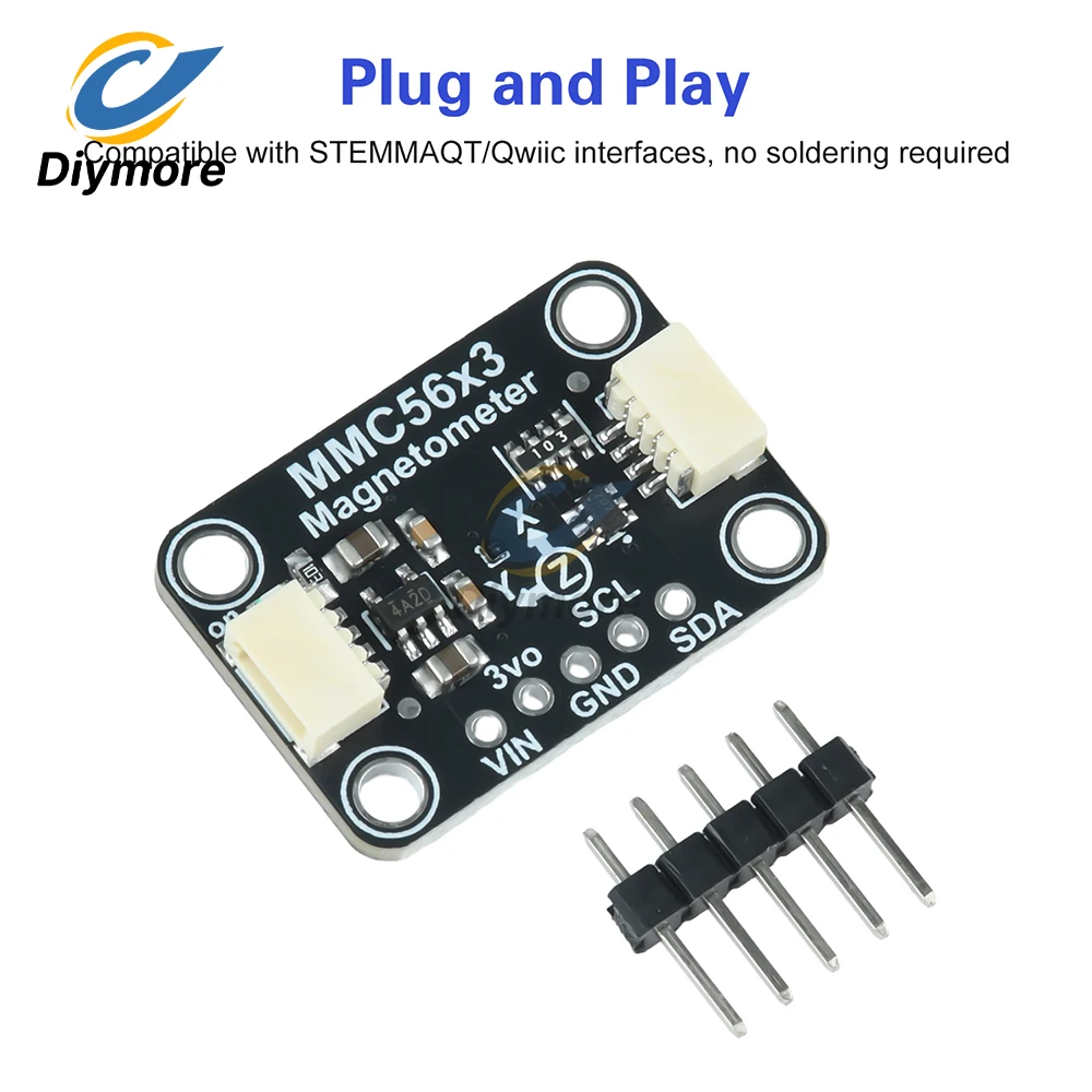 Module boussole MMC5603 pour drone navigation, montrant la puce et les composants électroniques sur un fond blanc.