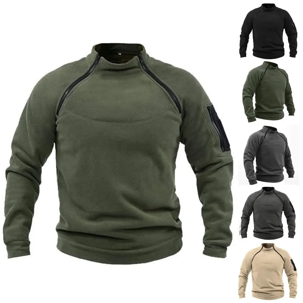 

Mens Tactical Outdoor Jacket Stand Collar Solid Sweater Hunting Clothes Warm Zipper Pullover Man Autumn Winter Male Thermal Coat