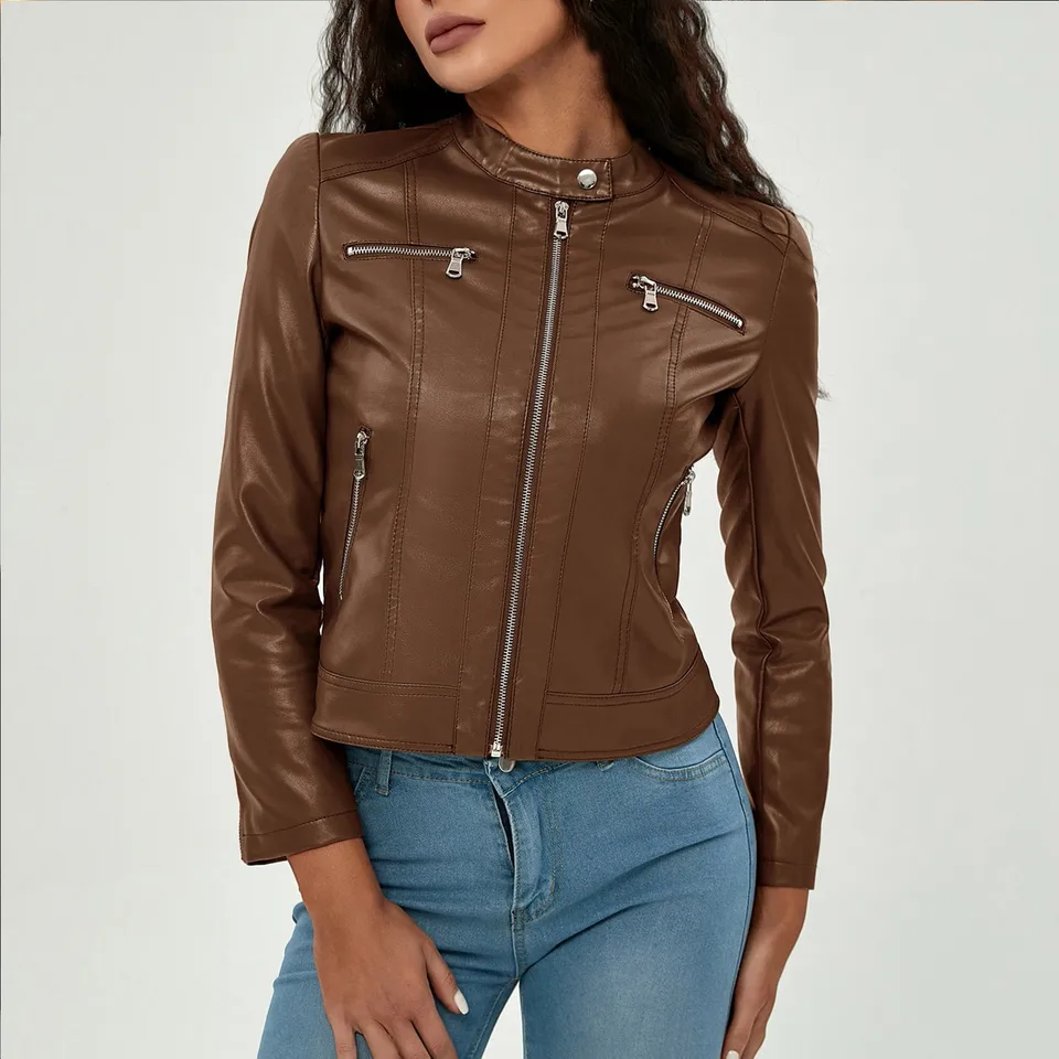 Womens Patent Leather Moto Biker Jacket with Pockets