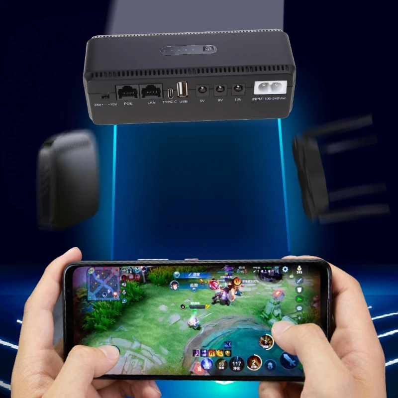 스탠바이 UPS 시스템, DC5V 9V 12V, 8 콘센트, USB C타입 충전 포트, 컴팩트 블랙 무정전 전원 공급 장치