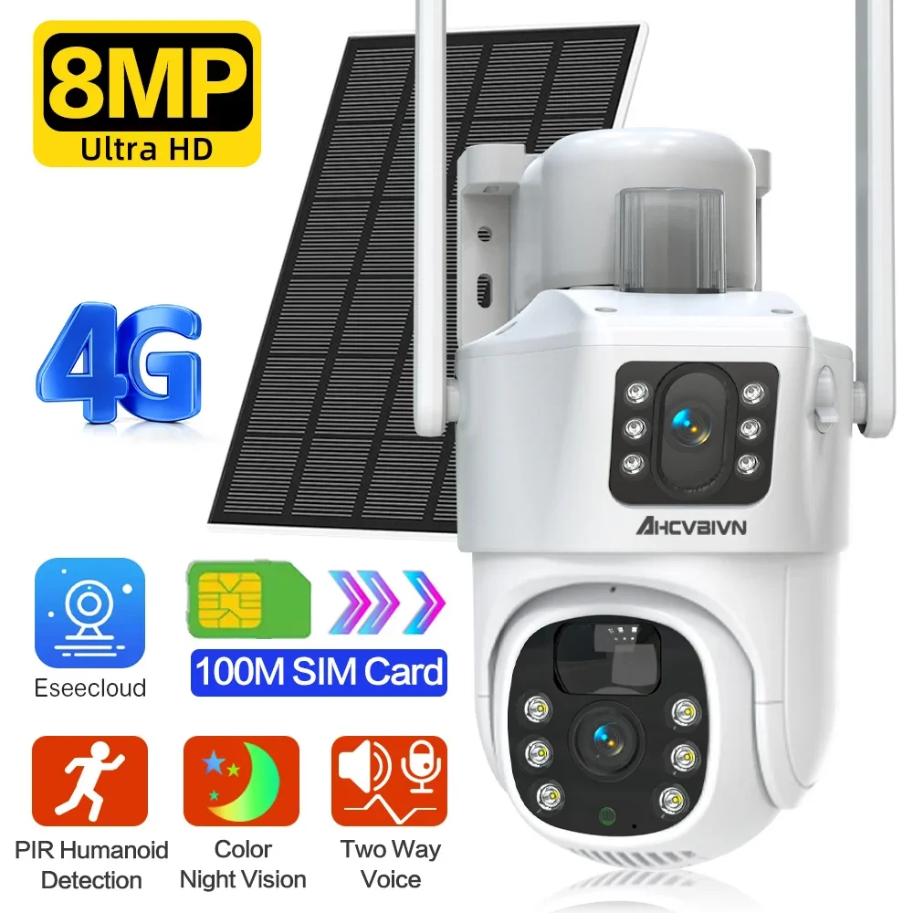 

4K 8MP Solar Wireless Surveillance 4G Camera Outdoor CCTV PTZ Camera PIR Human Detection Color Night Vision Security Protection