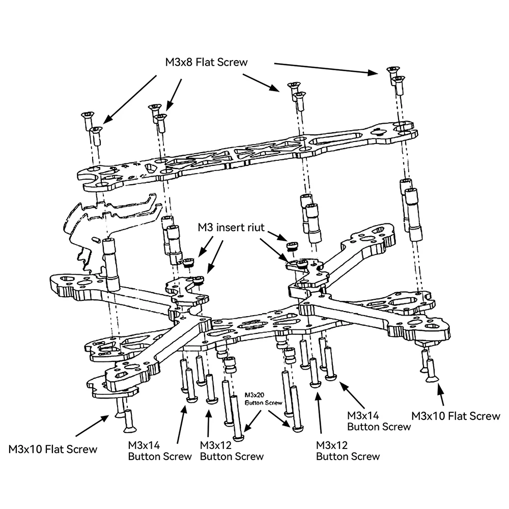 Détail des pièces imprimées 3D pour châssis drone FPV 7 pouces, fixations et supports moteur.