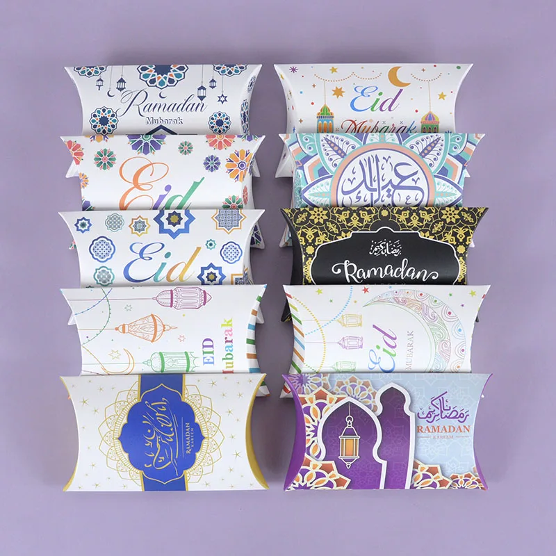 

10pcs Eid Mubarak Pillow Shaped Candy Box Ramadan Kareem Kraft Paper Gift Packaging Boxes Muslim Islamic Party Eid Al-Fitr Decor