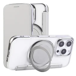 Premium Flip Leather Wallet Rotating Stand Magnetic Phone Case with Clear Cover - iPhone 15 Plus (Gray)