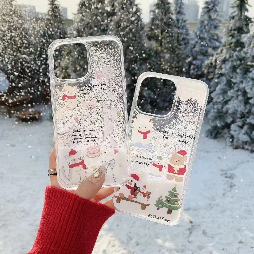 

Чехол для iphone 11 12 13 14 15 pro max с изображением рождественских снежинок и медведя
