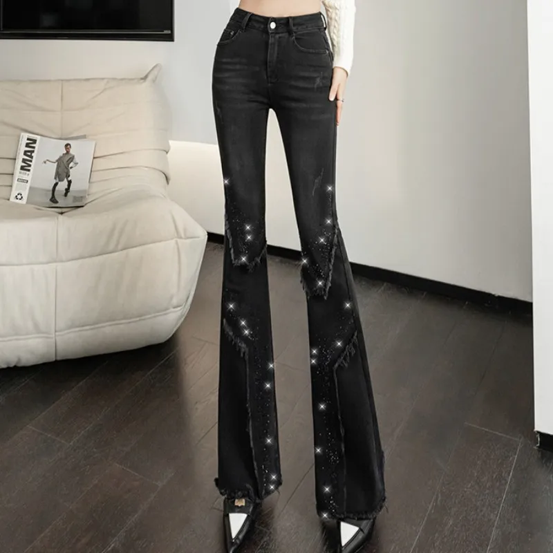 

2022 Autumn And Winter Hot Drilling Bell-bottoms High Waist Show Thinness Retro Burr Black Microarra Denim Pants Free Shipping