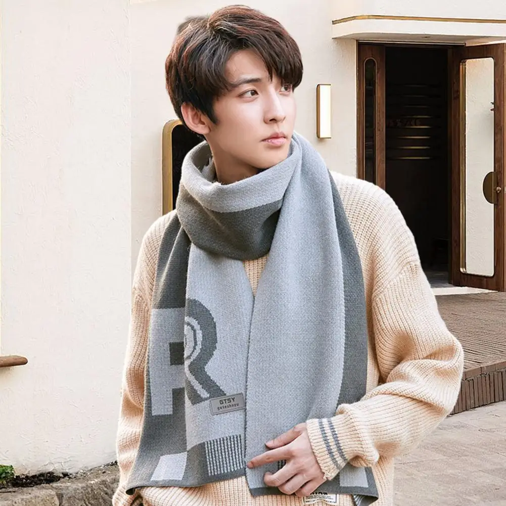 Wide Long Scarf Men's Thickened Knitted Winter Scarf with Letter Print Wide Long Color Matching Warm Shawl Windproof Cold-proof