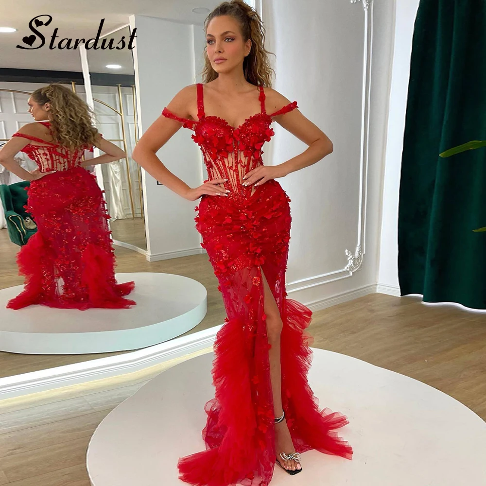 Stardust Fancy Ruffles Evening Dresses Flower Appliques Pleat Slit Trumpet Off the Shoulder Vestidos De Noche Customized