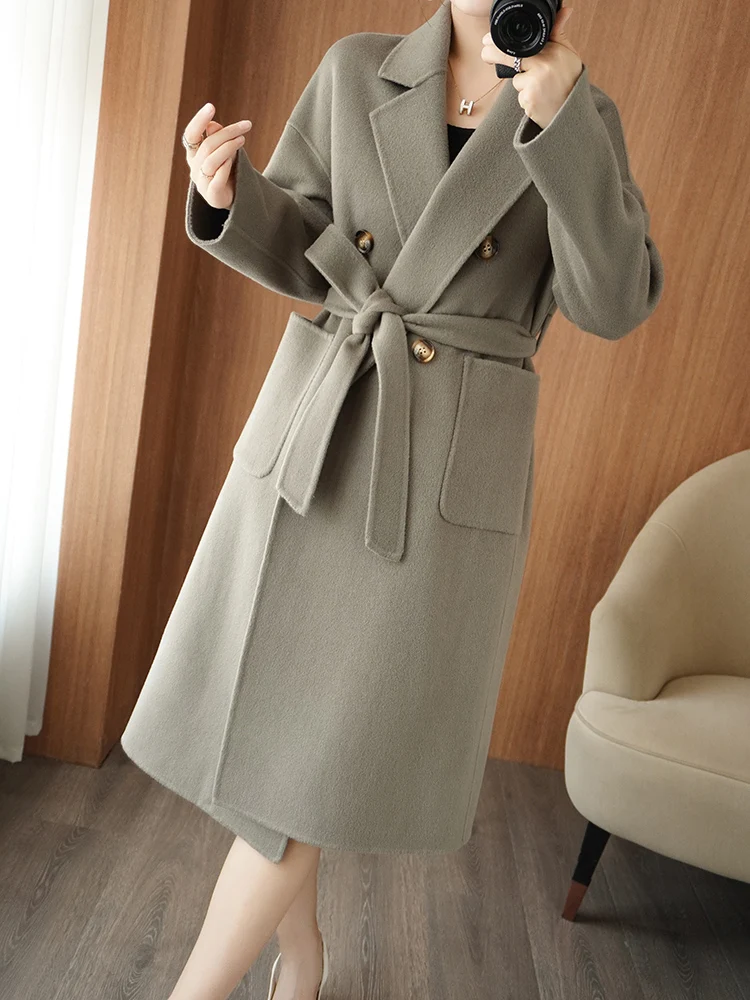 Autumn and Winter New Women's Coat Double-Sided Woolen 100% Pure Wool Waist-Tight Hand-Stitched Fashionable Elegant Women's Coat