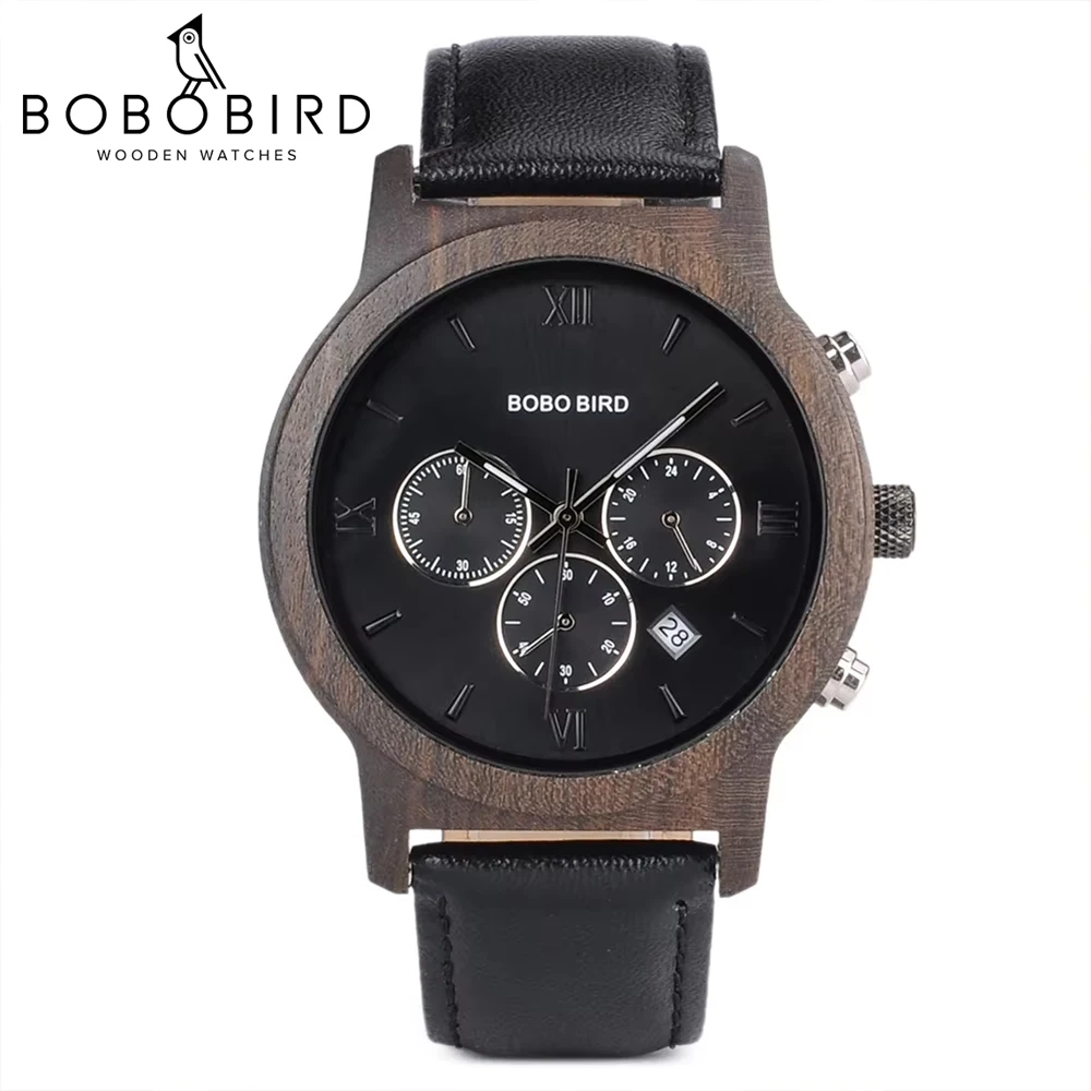 BOBO BIRD-Montre-bracelet à quartz en bois pour homme, horloge Shoous, bracelet en cuir, nouveau design, grande boîte cadeau, mode