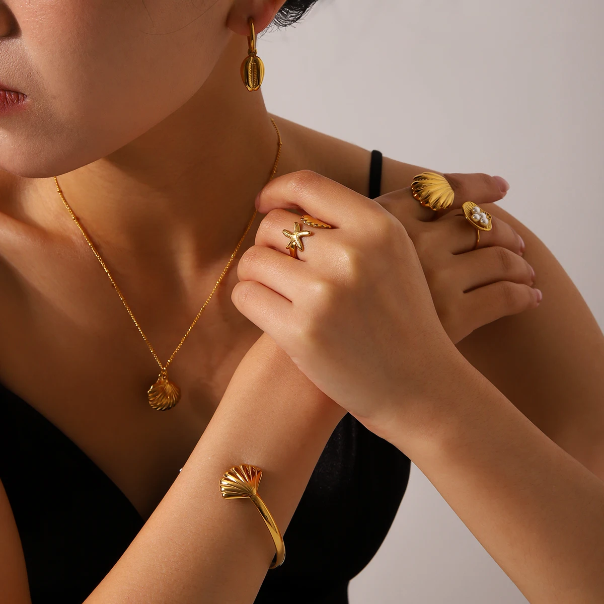 Vintage Seestern-Muschel-Anhänger Halskette für Frauen 18K Vergoldeter Edelstahl Boho Strand Hochzeitsschmuck – Detail 7