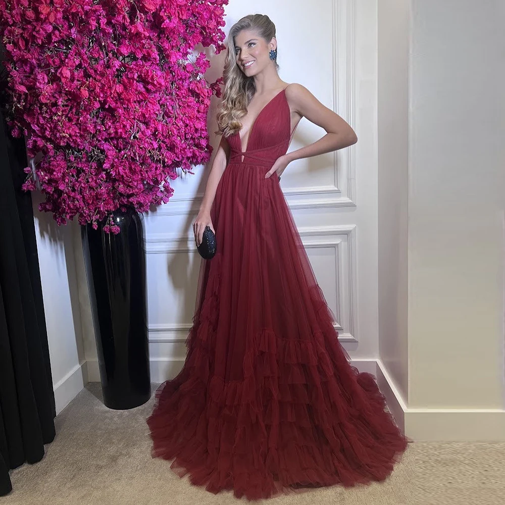 

Sexy Plunging Neckline Burgundy Evening Dresses A Line Tulle Long Prom Gown Customized Backless Party Dress 2023