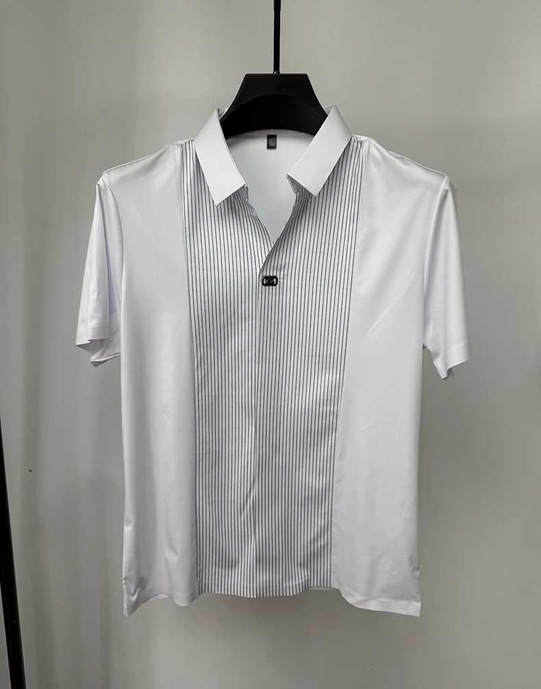 Personality striped patchwork short sleeve men polo shirt fashion brand letter embossed summer ice silk breathable trend T-shirt 18 S56c499505c8a42d7a977bde3bfc6a209n