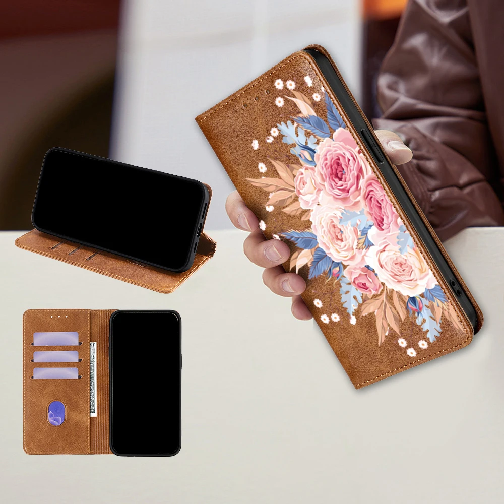 Elegant Flower Pattern Magnetic Leather Flip Wallet Cover Case