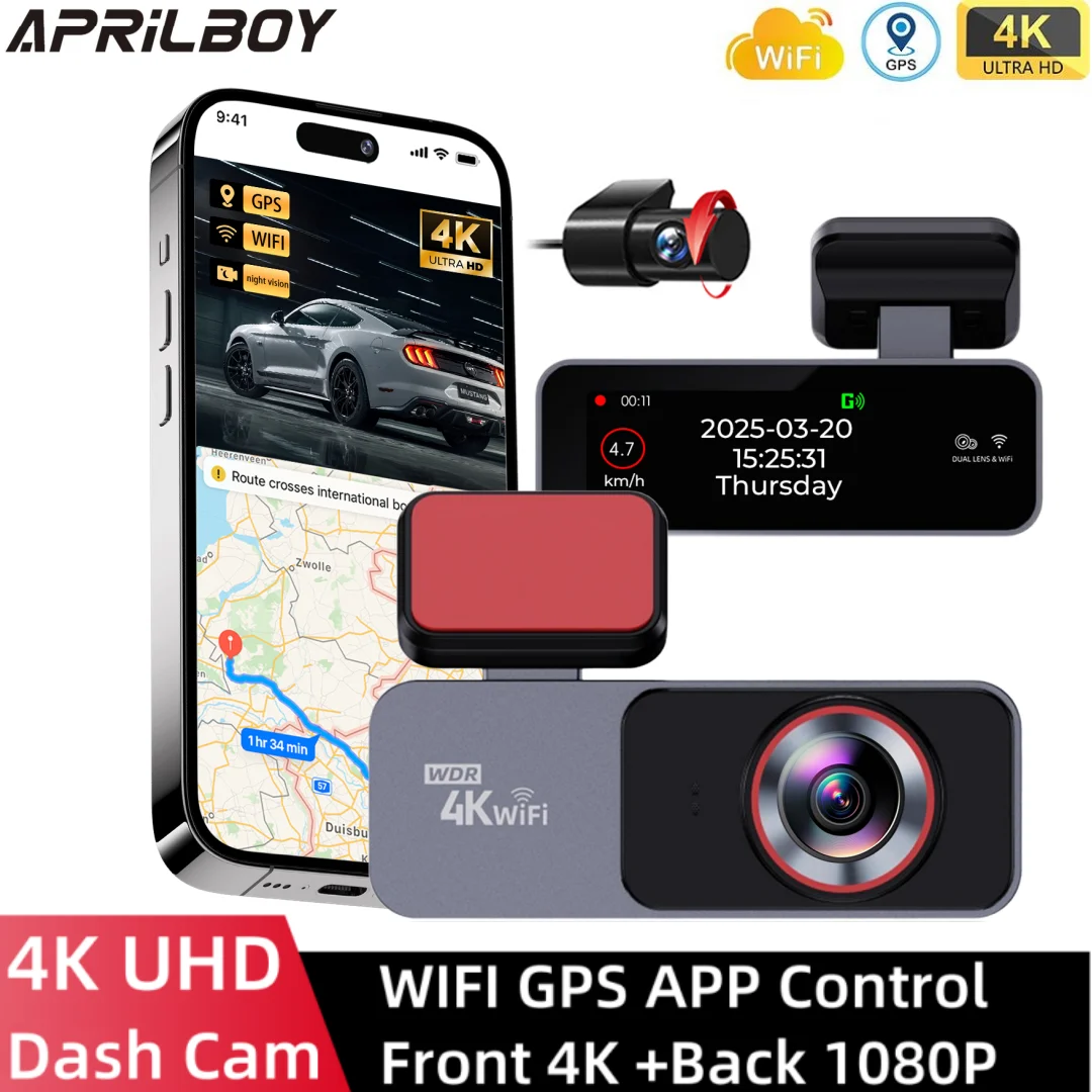 Aprilboy Dash Cam 4K GPS WIFI APP 24H Night Vision Dashcam Car Camera DVR Video Recorder Rear View Camera for Car Black Box