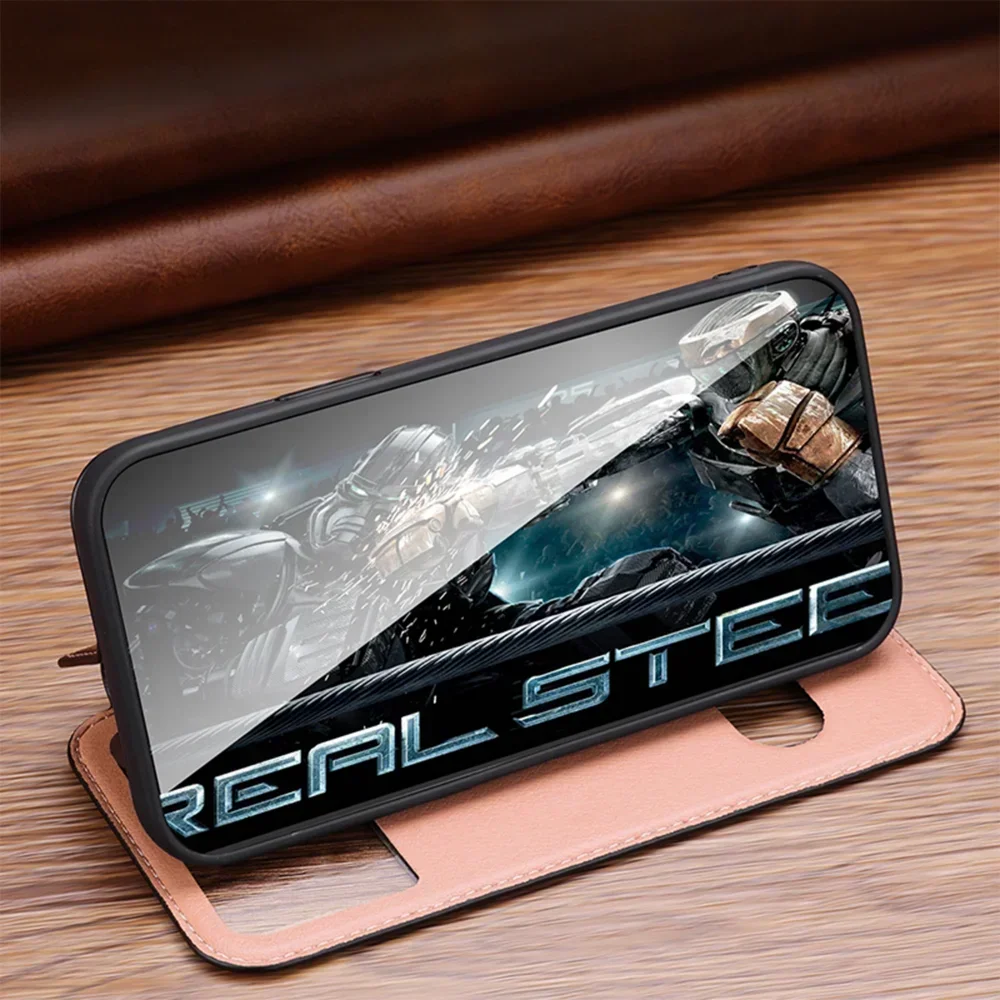 Premium Genuine Leather Magnetic Flip Phone Case with Clear View Window