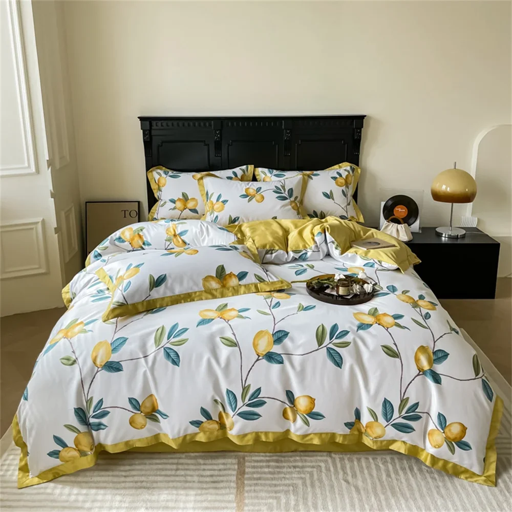 

Svetanya Yellow Lemon Fruit Fresh Bedding Set Satin Egyptian Cotton Duvet Cover Set Queen King Size Linens Pillowcases