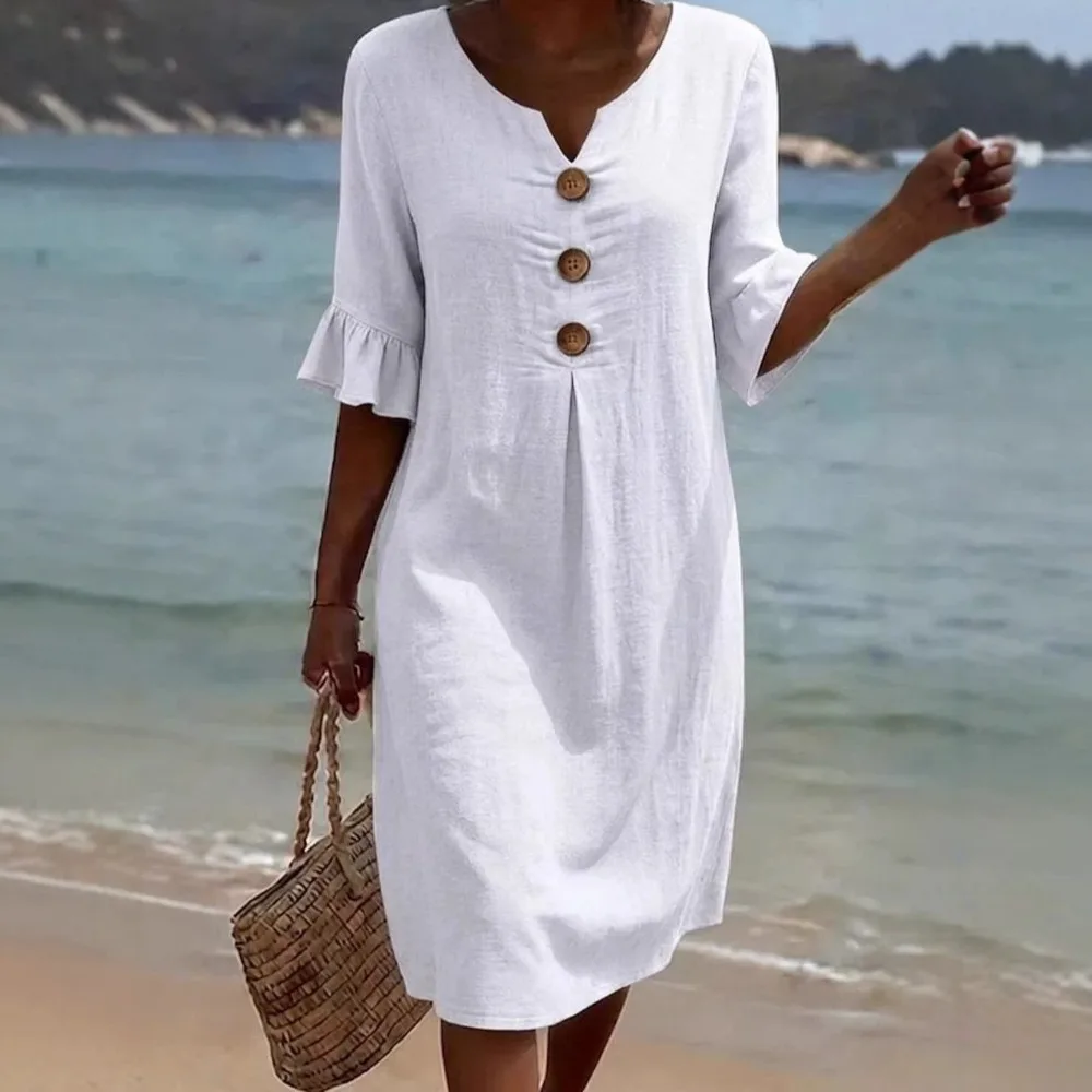Fashion Solid Cotton Linen Dress Women Summer Loose V-neck Woman Clothes Ropa Mujer Casual Ladies Dresses Elegant Vestidos 1