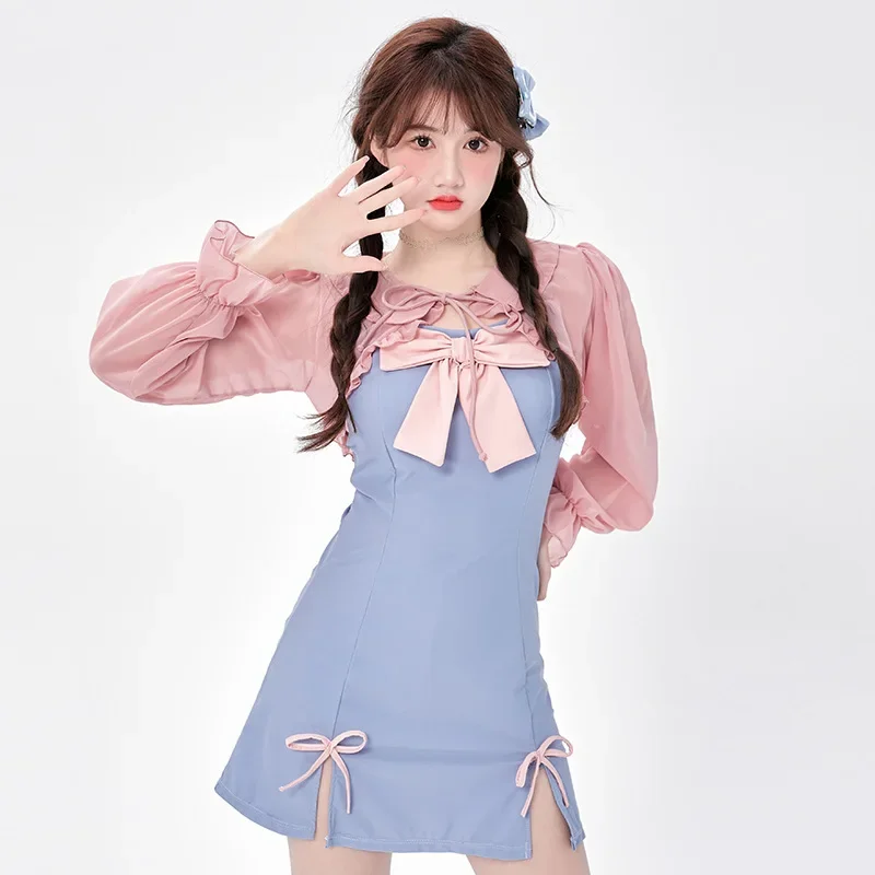 

Цельный купальник для женщин, новинка 2024, купальный костюм с длинным рукавом, милый купальник с большим бантом для девушек, студентов, праздничный купальник