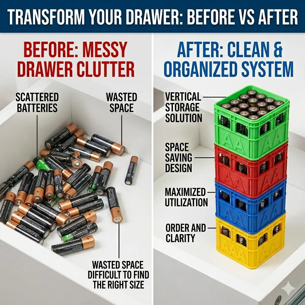 Stackable 3D-Printed Mini Crate Battery Organizer