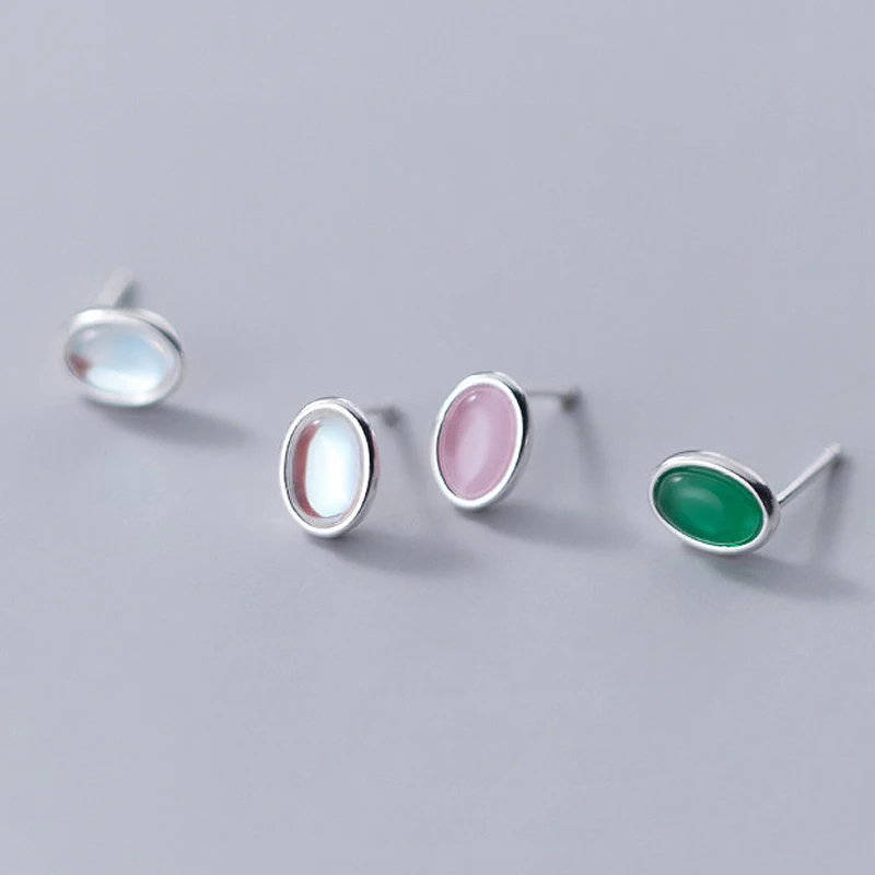 

S925 Silver Fashion Shiny Colorful Oval Crystal Stud Earrings Sweet Synthetic Coloured glaze Women's Fine Jewelry