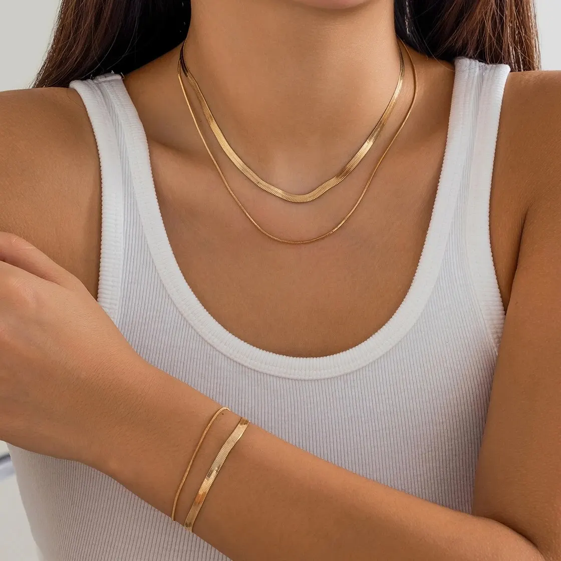 Jewelry Set 2Pcs Goth Multilayer Flat Snake Chain Necklace Bracelet for Women Simple Vintage Clavicle Choker Aesthetic Wed Y2K