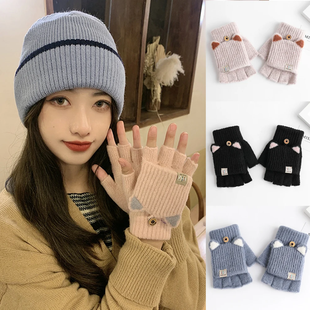 

Winter Flip Top Glove Knitted Half-finger Mitten Cute Cat Ear Hand Fingerless Glove Women Sweet Warm Wool Mittens With Cover
