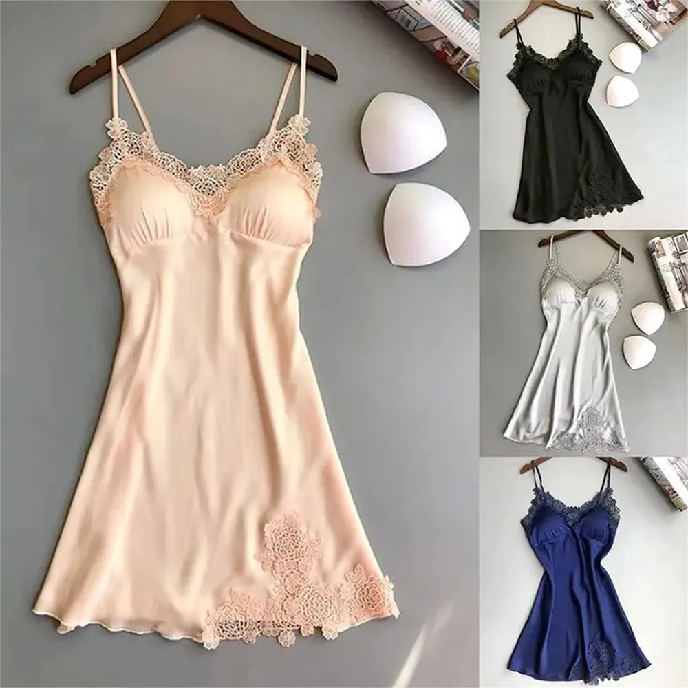 

Women's Sexy Suspender Nightdress with Chest Cushion New Pajamas Summer Ice Silk Thin Halter Sleepwear Satin Home Clothes